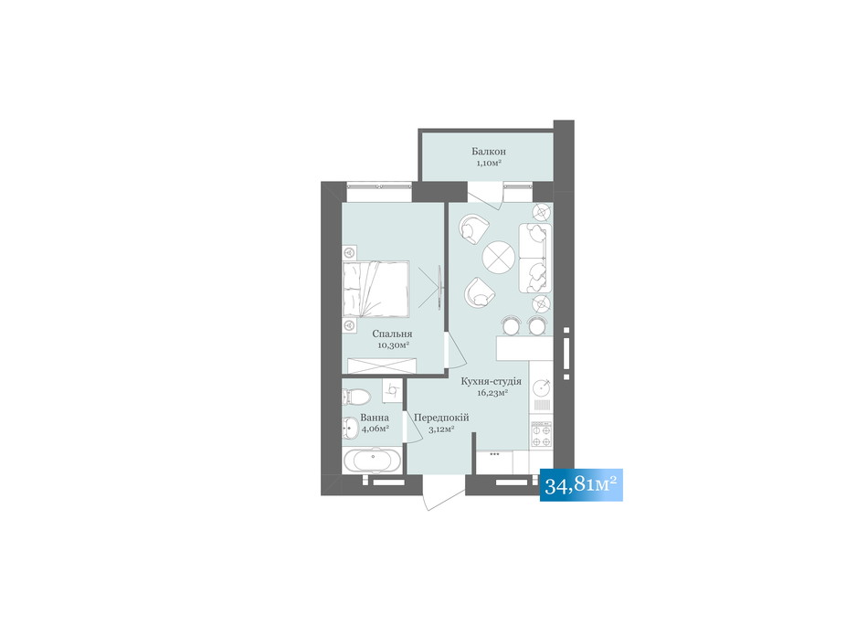 Планировка 1-комнатной квартиры в ЖК West Towers 34.81 м², фото 200501 Планировка 1-комнатной квартиры в ЖК West Towers 34.81 м², фото 200501