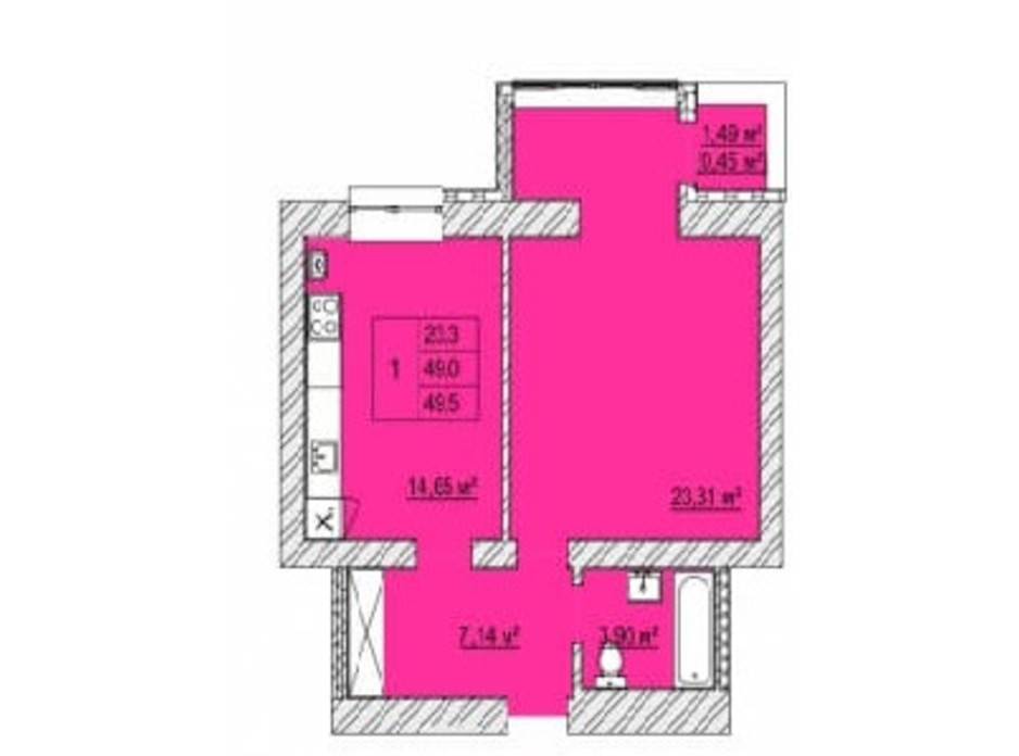 Планировка 1-комнатной квартиры в ЖК Caramel Residence 49.5 м², фото 200825 Планировка 1-комнатной квартиры в ЖК Caramel Residence 49.5 м², фото 200825