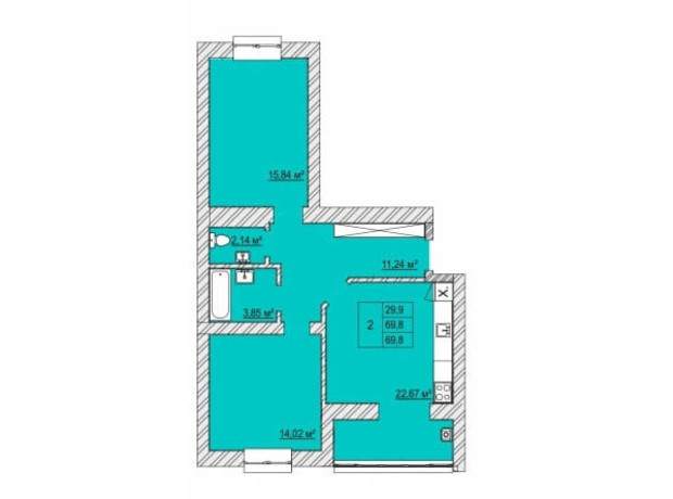 ЖК Caramel Residence: планування 2-кімнатної квартири 69.8 м²