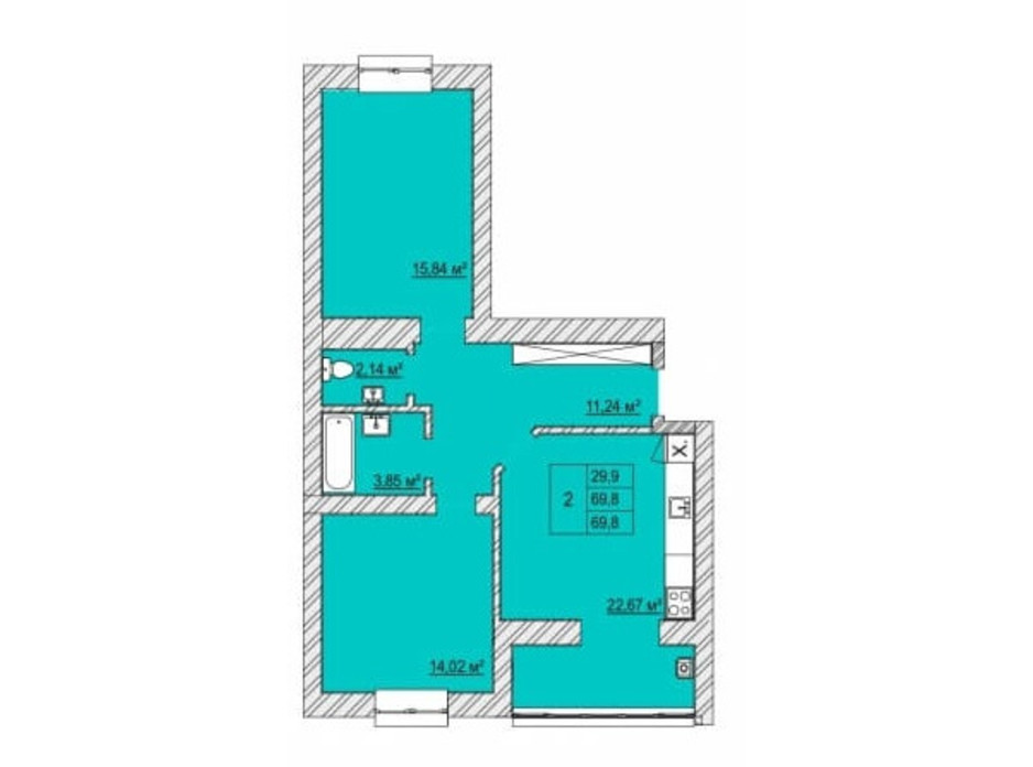 Планировка 2-комнатной квартиры в ЖК Caramel Residence 69.8 м², фото 200829 Планировка 2-комнатной квартиры в ЖК Caramel Residence 69.8 м², фото 200829
