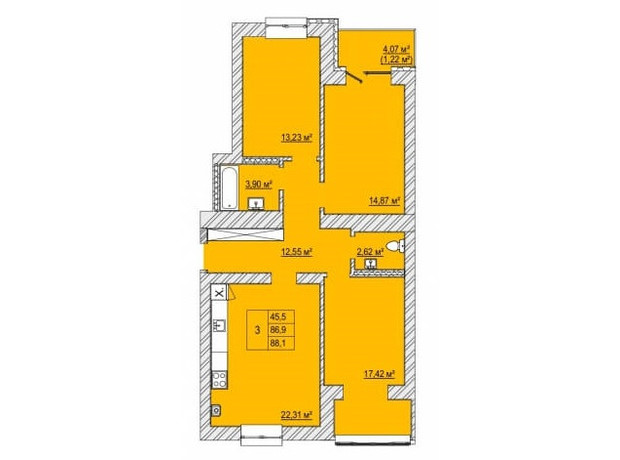 ЖК Caramel Residence: планування 3-кімнатної квартири 88.1 м²