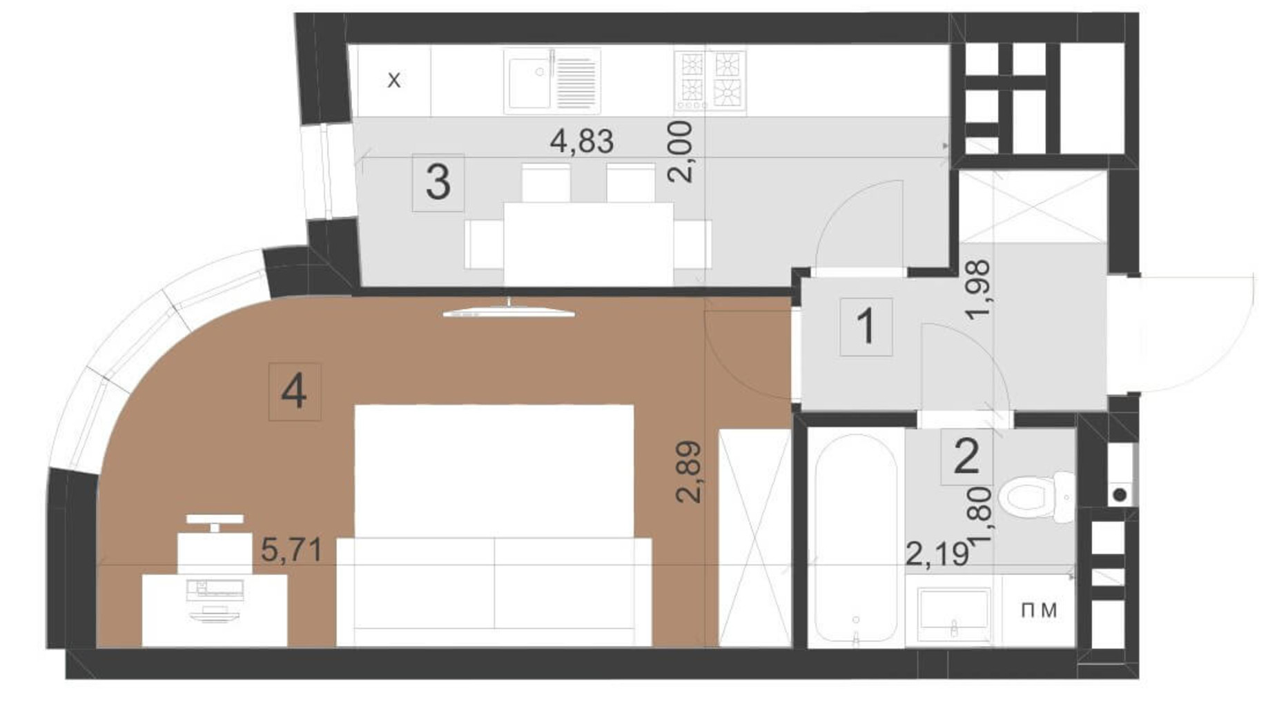 Планировка 1-комнатной квартиры в ЖК Парус Премиум 33.2 м², фото 200961