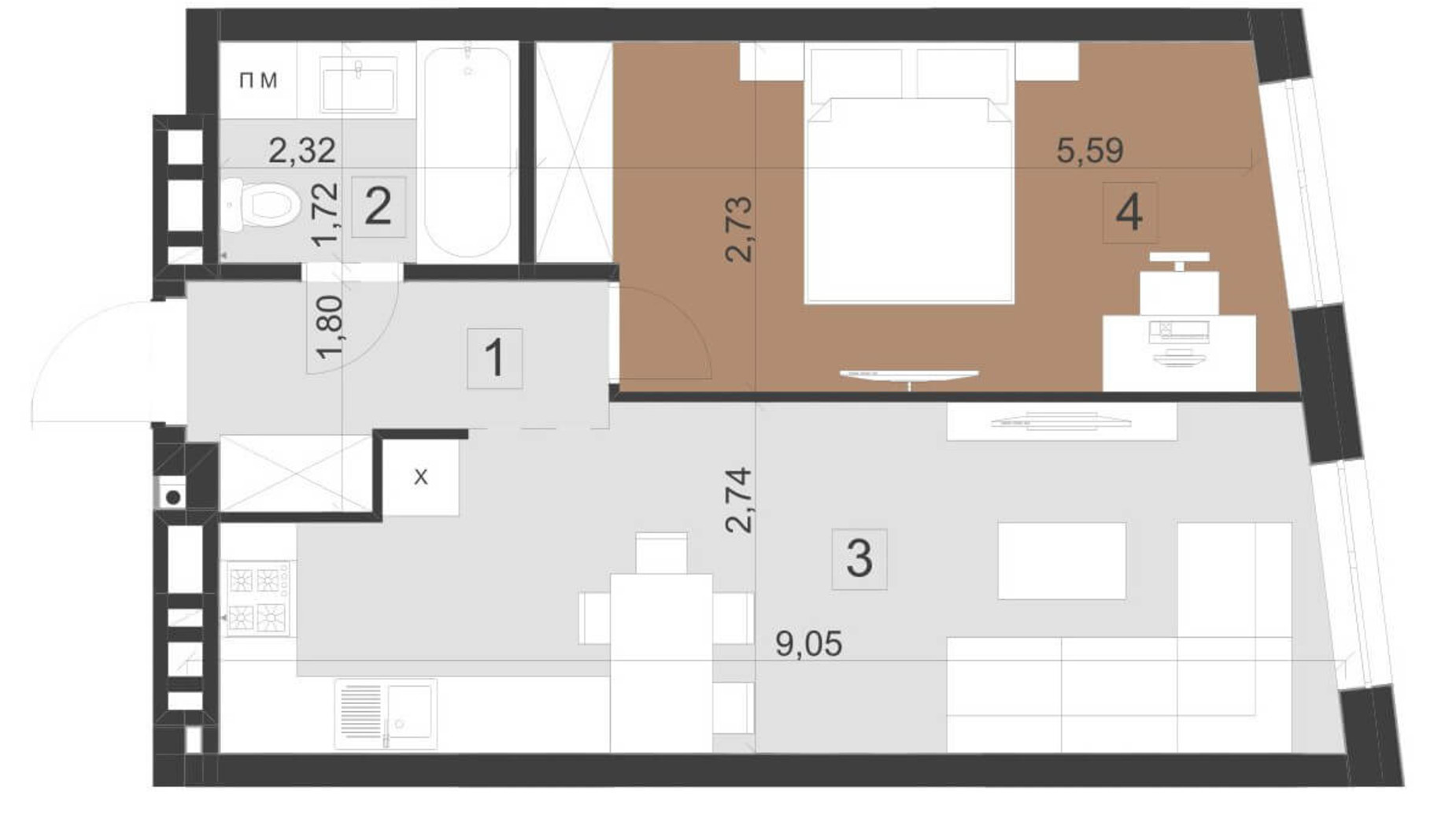 Планировка 1-комнатной квартиры в ЖК Парус Премиум 45.7 м², фото 200963