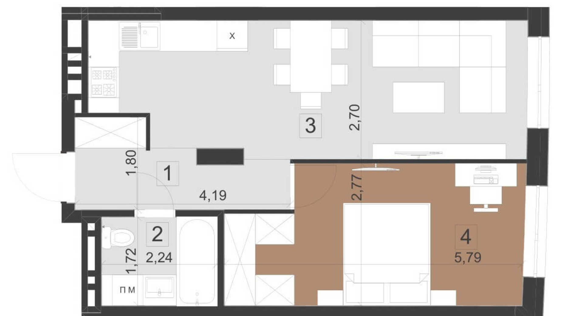 Планировка 1-комнатной квартиры в ЖК Парус Премиум 45.6 м², фото 200964