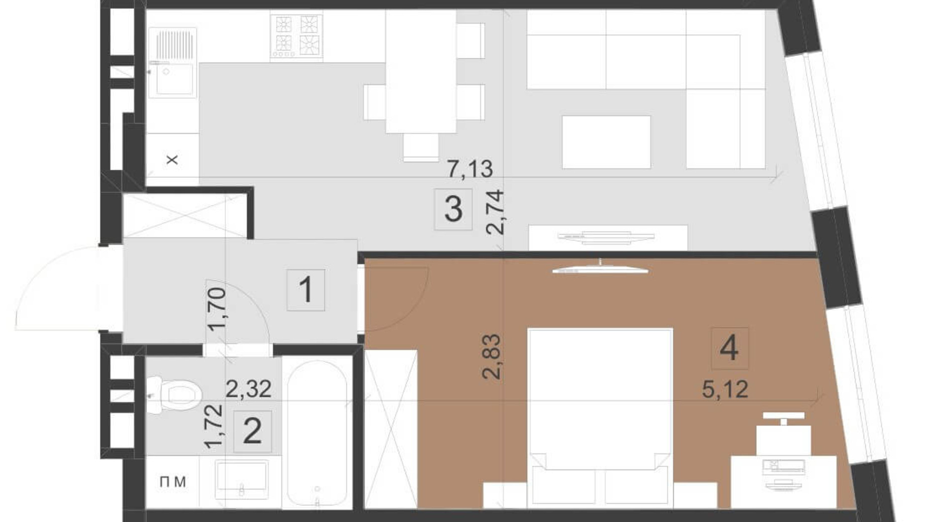 Планування 1-кімнатної квартири в ЖК Парус Преміум 42.1 м², фото 200965