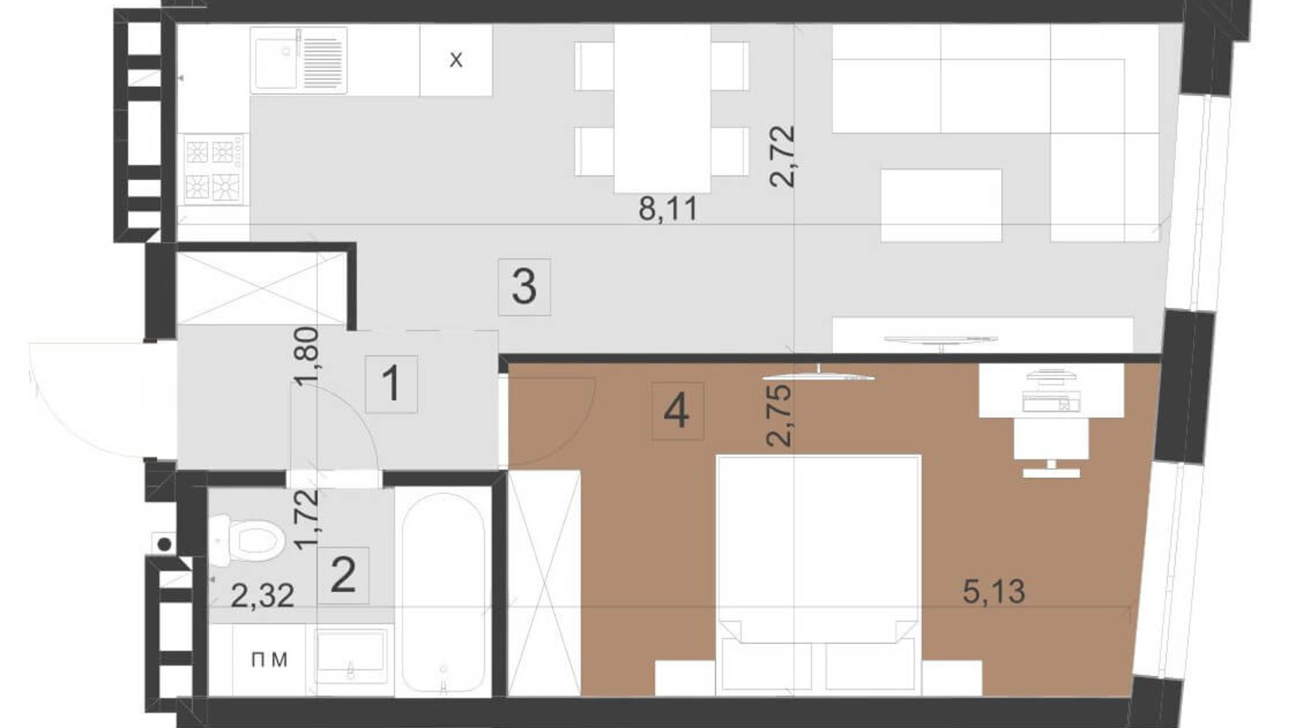 Планировка 1-комнатной квартиры в ЖК Парус Премиум 43.2 м², фото 200966