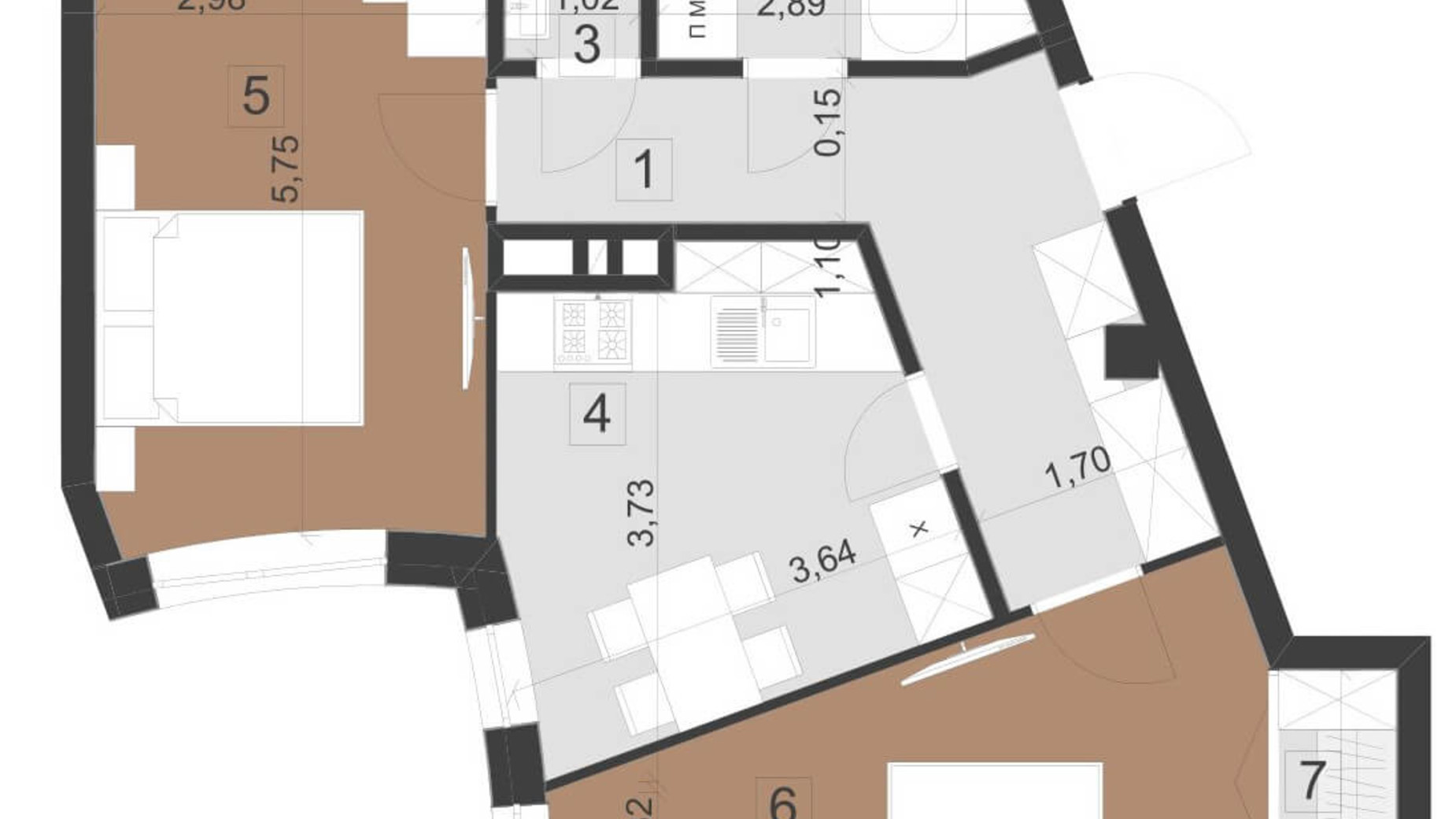 Планування 2-кімнатної квартири в ЖК Парус Преміум 60.8 м², фото 200984
