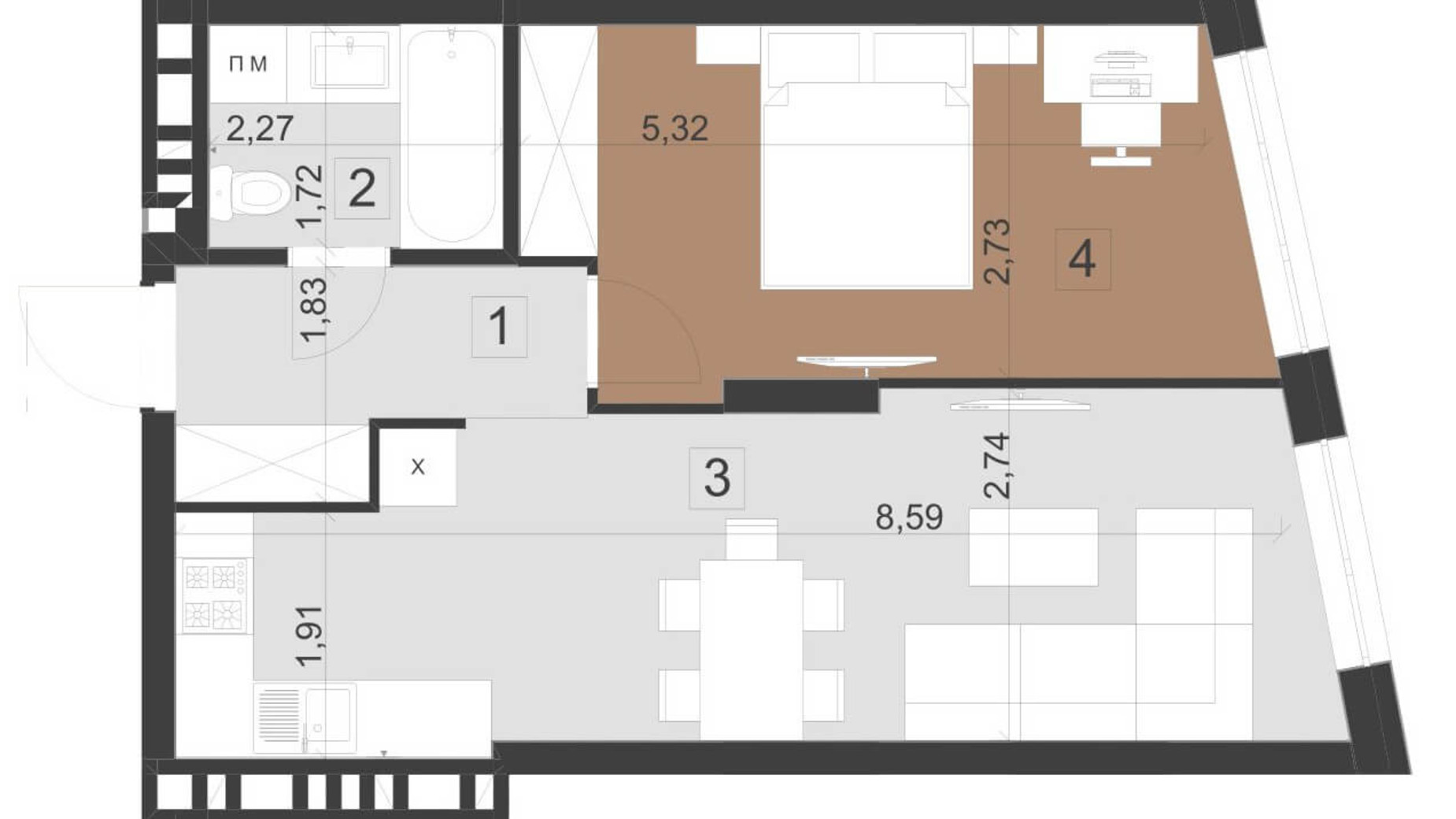 Планування 1-кімнатної квартири в ЖК Парус Преміум 45.8 м², фото 201119
