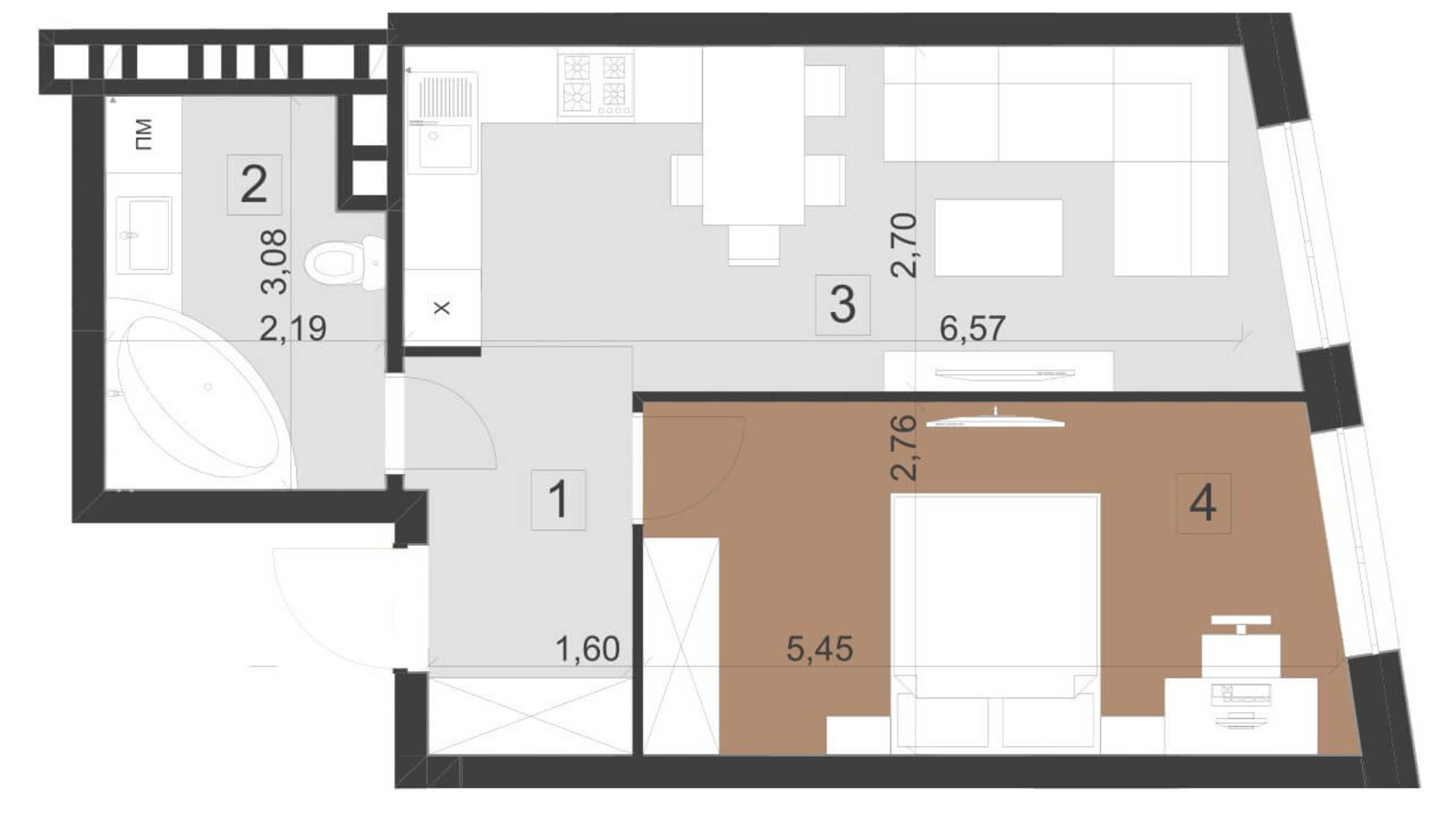 Планировка 1-комнатной квартиры в ЖК Парус Премиум 44.5 м², фото 201120