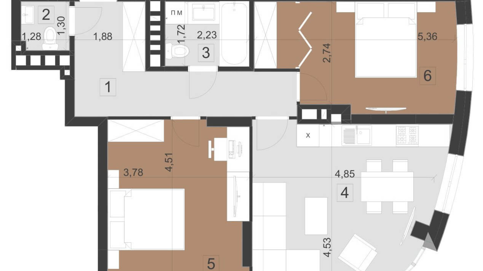 Планировка 2-комнатной квартиры в ЖК Парус Премиум 68.8 м², фото 201121