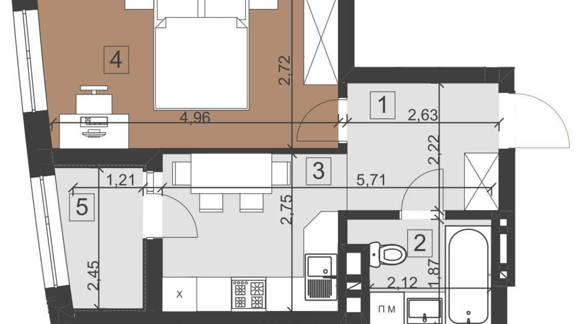 Планування 1-кімнатної квартири в ЖК Парус Преміум 35.7 м², фото 201128