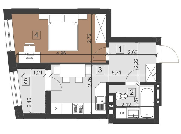 ЖК Парус Преміум: планування 1-кімнатної квартири 35.7 м²