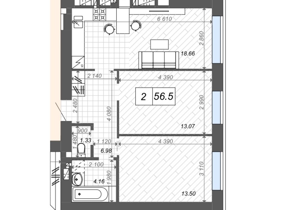 Планування 2-кімнатної квартири в ЖК Нові Метри Center 56.5 м², фото 201199 Планування 2-кімнатної квартири в ЖК Нові Метри Center 56.5 м², фото 201199