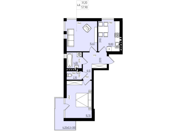 Клубний будинок Безпечний дім: планування 2-кімнатної квартири 57.9 м²
