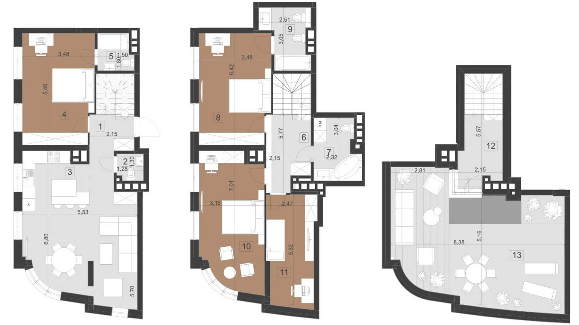 Планировка много­уровневой квартиры в ЖК Парус Премиум 154.7 м², фото 201325