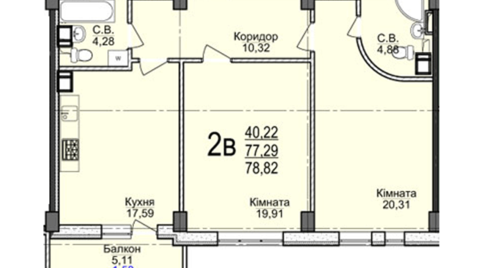 Планировка 2-комнатной квартиры в ЖК Свято-Троицкий посад 78.82 м², фото 201549
