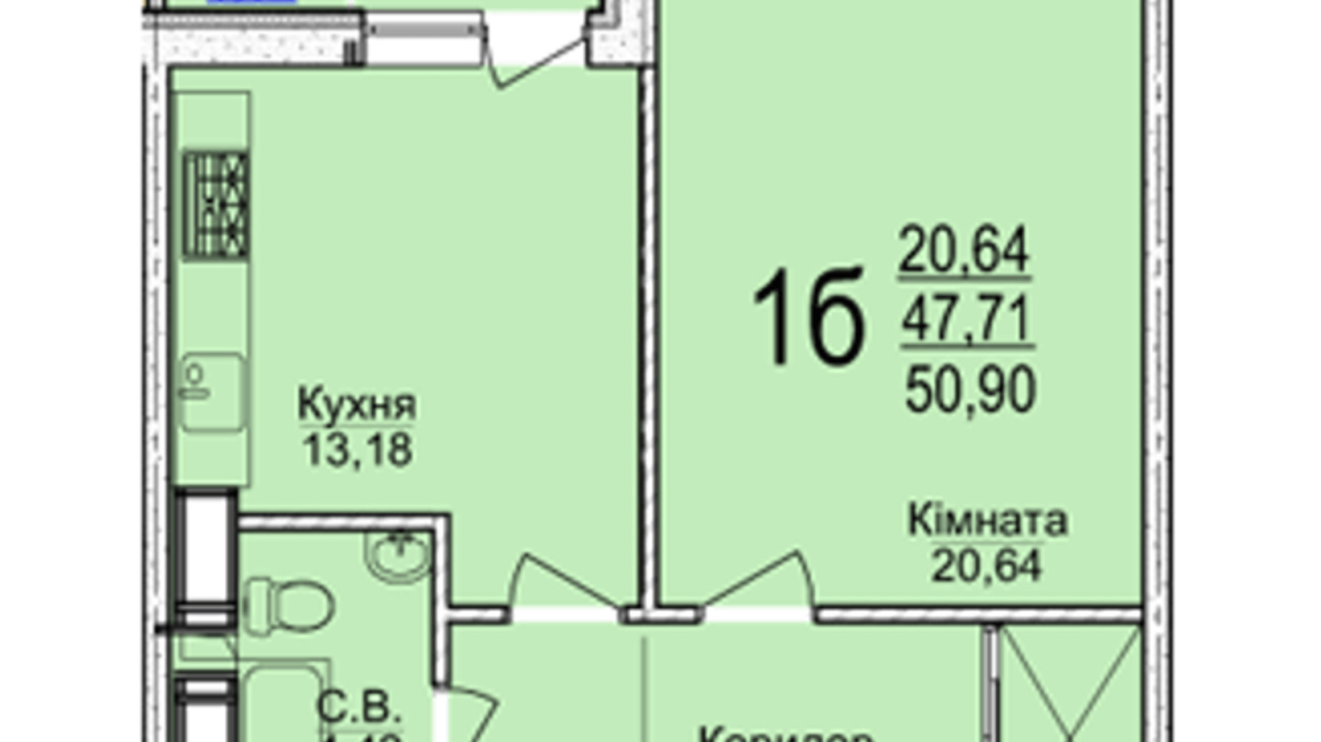 Планировка 1-комнатной квартиры в ЖК Свято-Троицкий посад 50.9 м², фото 201551