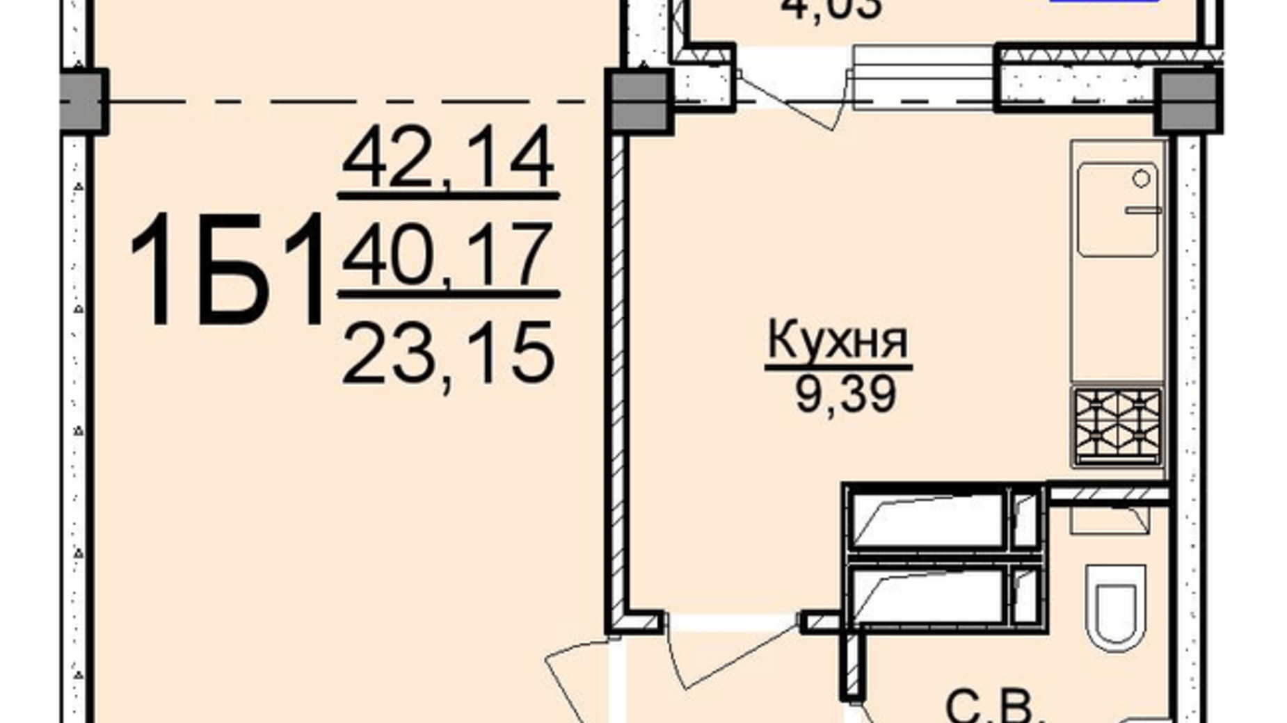Планировка 1-комнатной квартиры в ЖК ул. Пушкина 42.14 м², фото 201581