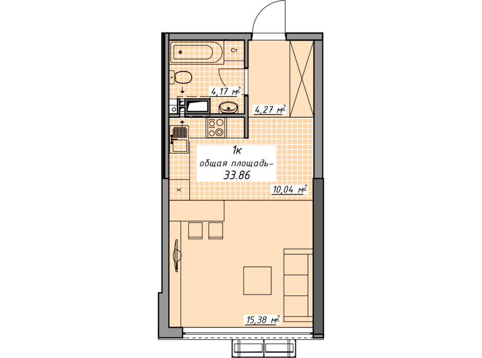 Планировка 1-комнатной квартиры в ЖК Атмосфера 33.86 м², фото 201875 Планировка 1-комнатной квартиры в ЖК Атмосфера 33.86 м², фото 201875