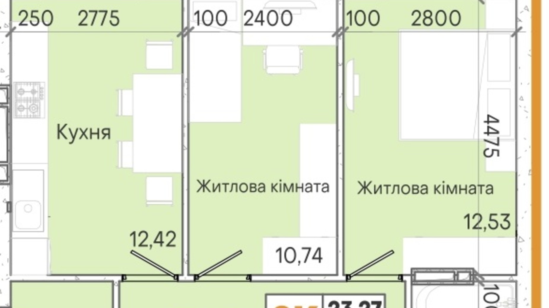 Планування 2-кімнатної квартири в ЖК Акварель 7 54.84 м², фото 201954