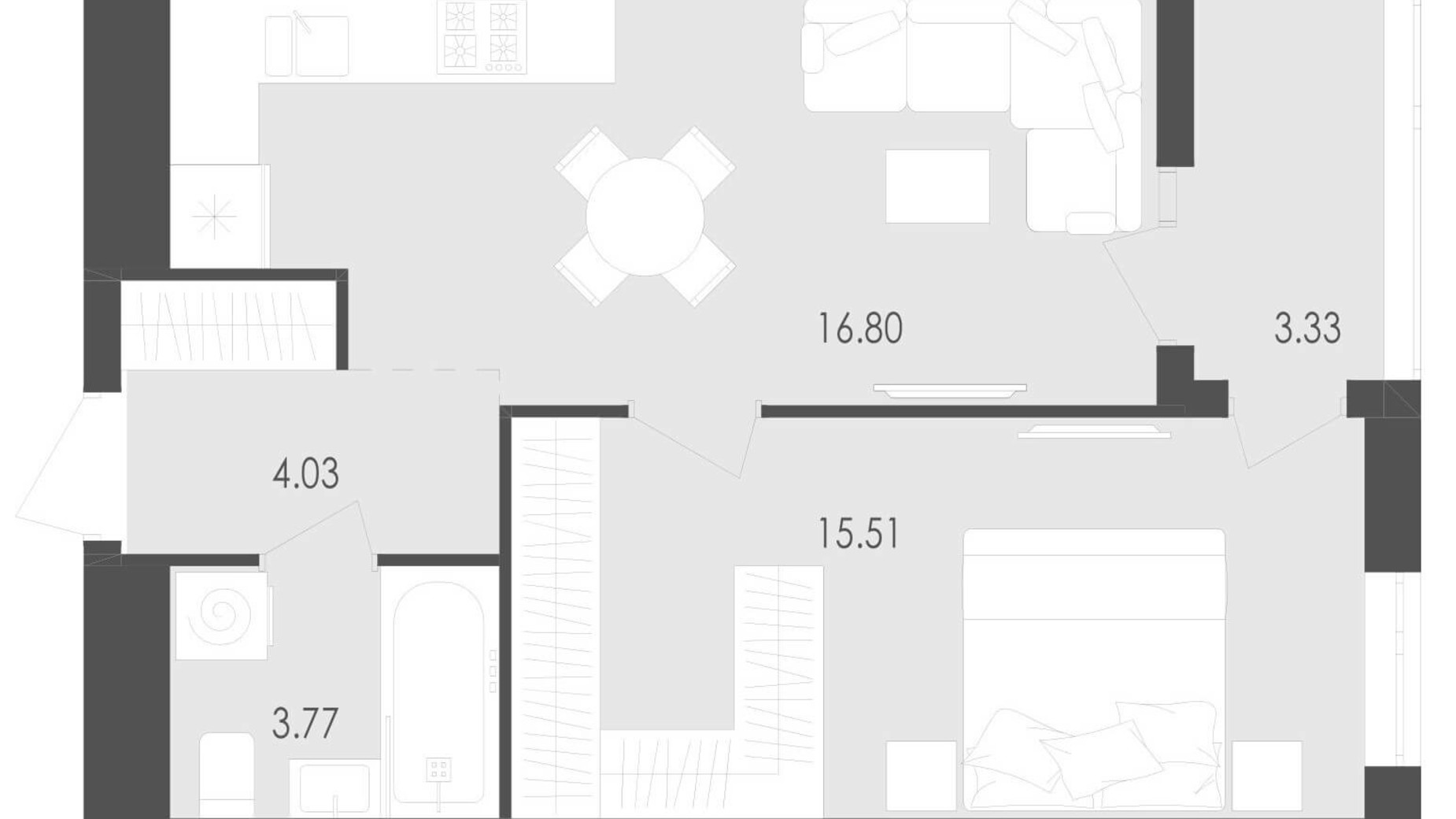 Планування 1-кімнатної квартири в ЖК Avalon Zelena Street 43.44 м², фото 202066