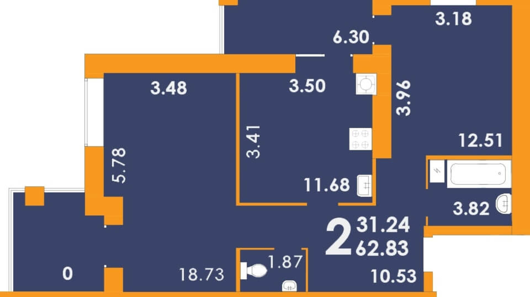 Планування 2-кімнатної квартири в ЖК Park Residence 62.83 м², фото 202163