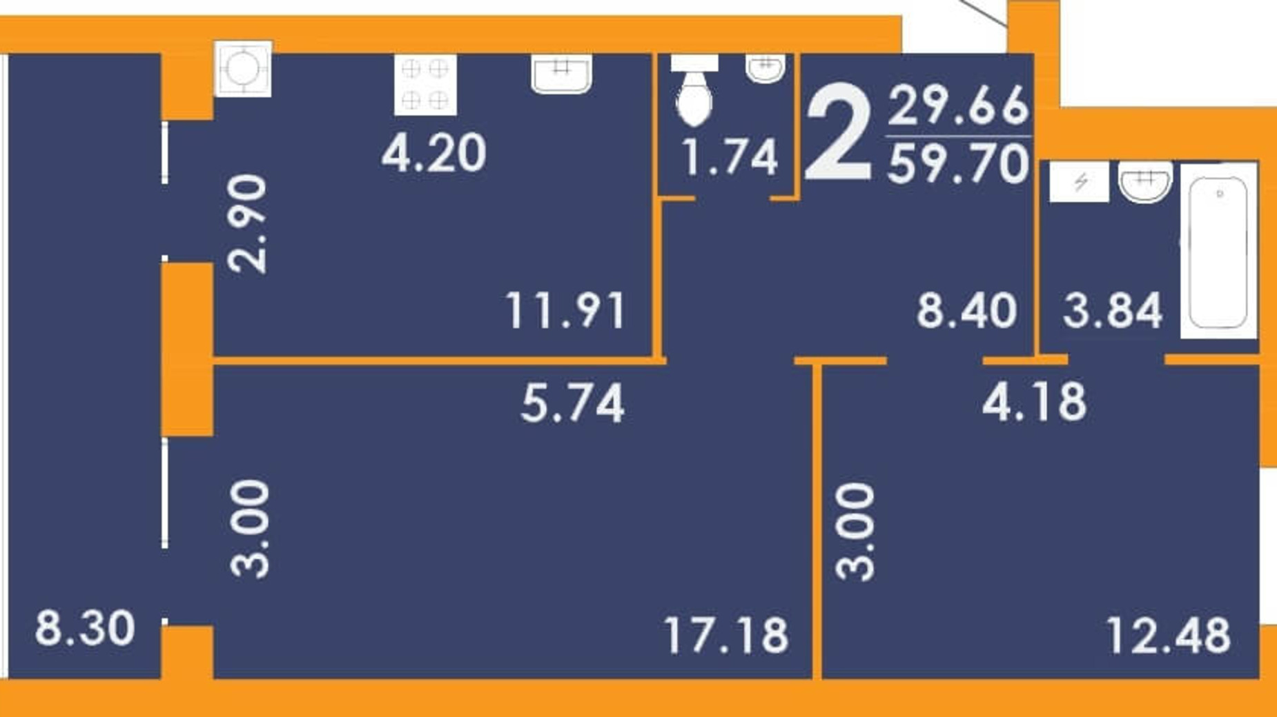 Планировка 2-комнатной квартиры в ЖК Park Residence 59.7 м², фото 202166