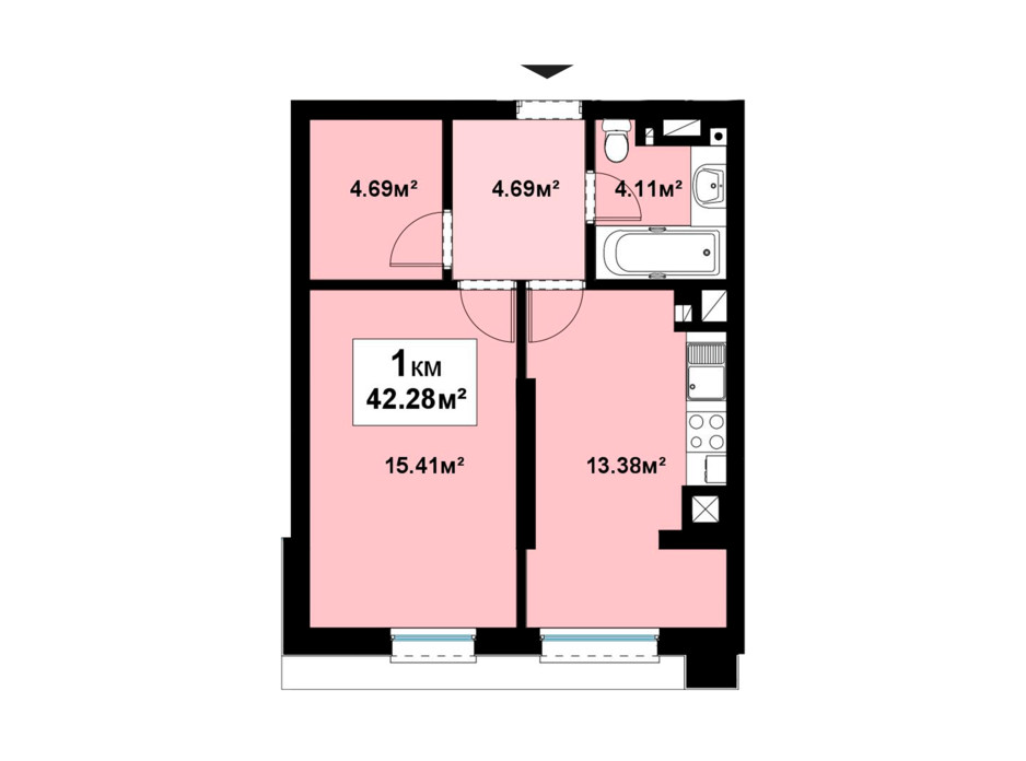Планування 1-кімнатної квартири в ЖК Прем'єра 42.28 м², фото 202513 Планування 1-кімнатної квартири в ЖК Прем'єра 42.28 м², фото 202513