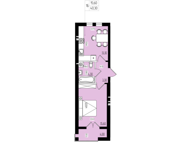 Клубний будинок Безпечний дім: планування 1-кімнатної квартири 40.3 м²