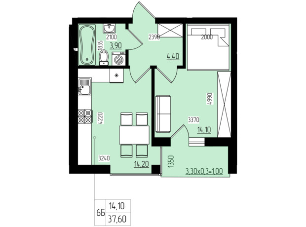 Клубний будинок Безпечний дім: планування 1-кімнатної квартири 37.6 м²