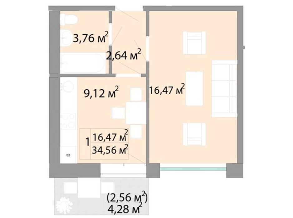 Планування 1-кімнатної квартири в ЖК Акварель 2 34.56 м², фото 202729 Планування 1-кімнатної квартири в ЖК Акварель 2 34.56 м², фото 202729