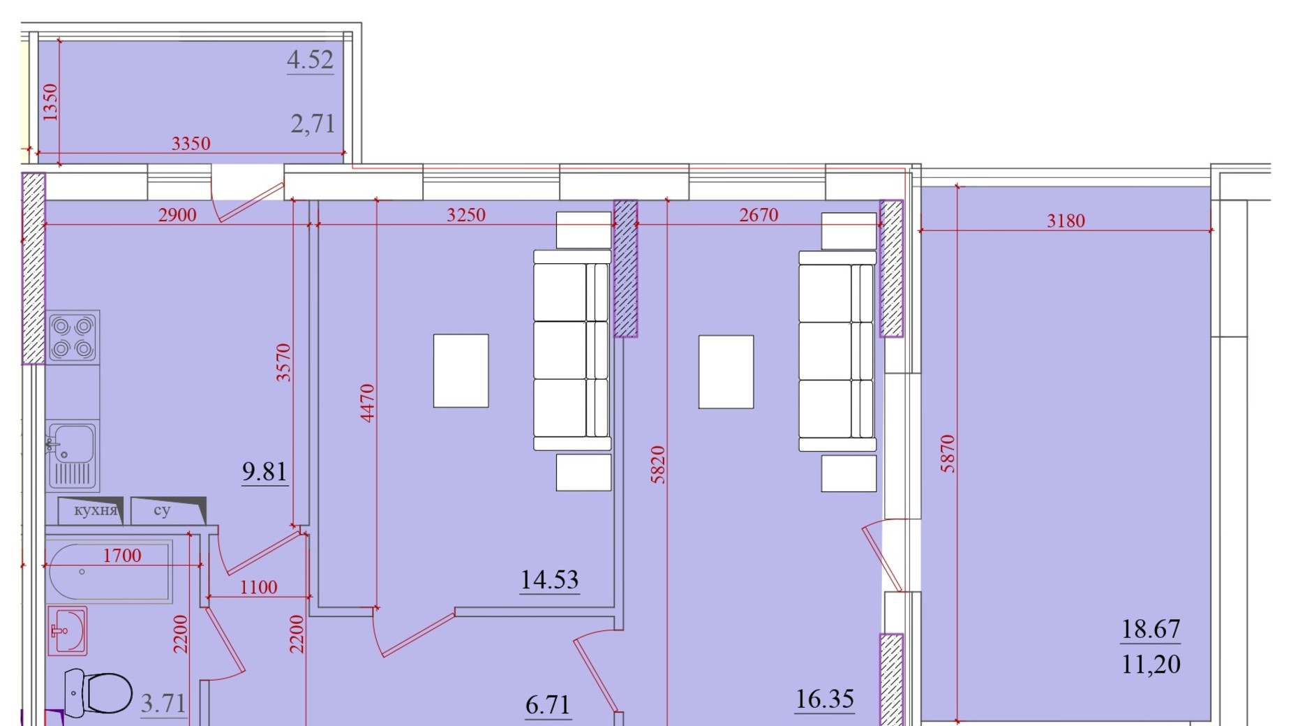 Планування 2-кімнатної квартири в ЖК Акварель 2 59.42 м², фото 202908