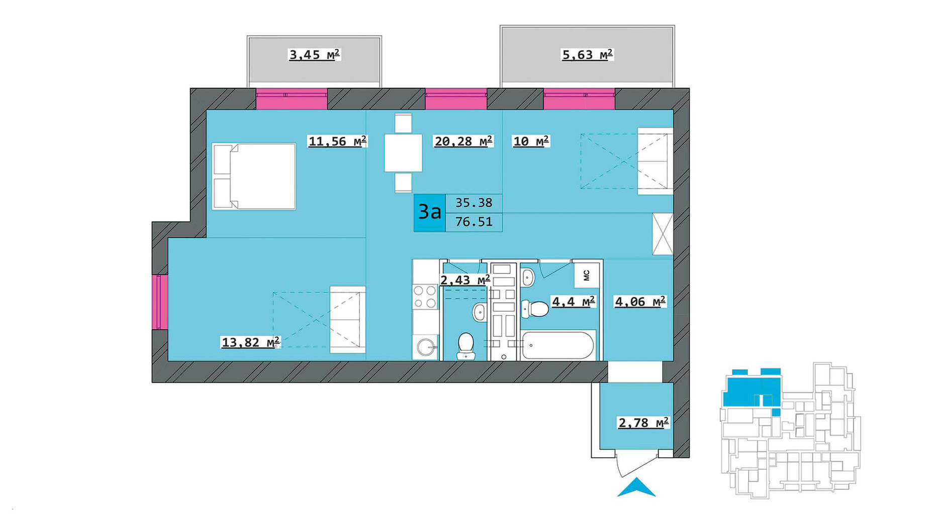 Планировка 3-комнатной квартиры в ЖК Столичный 76.07 м², фото 203109