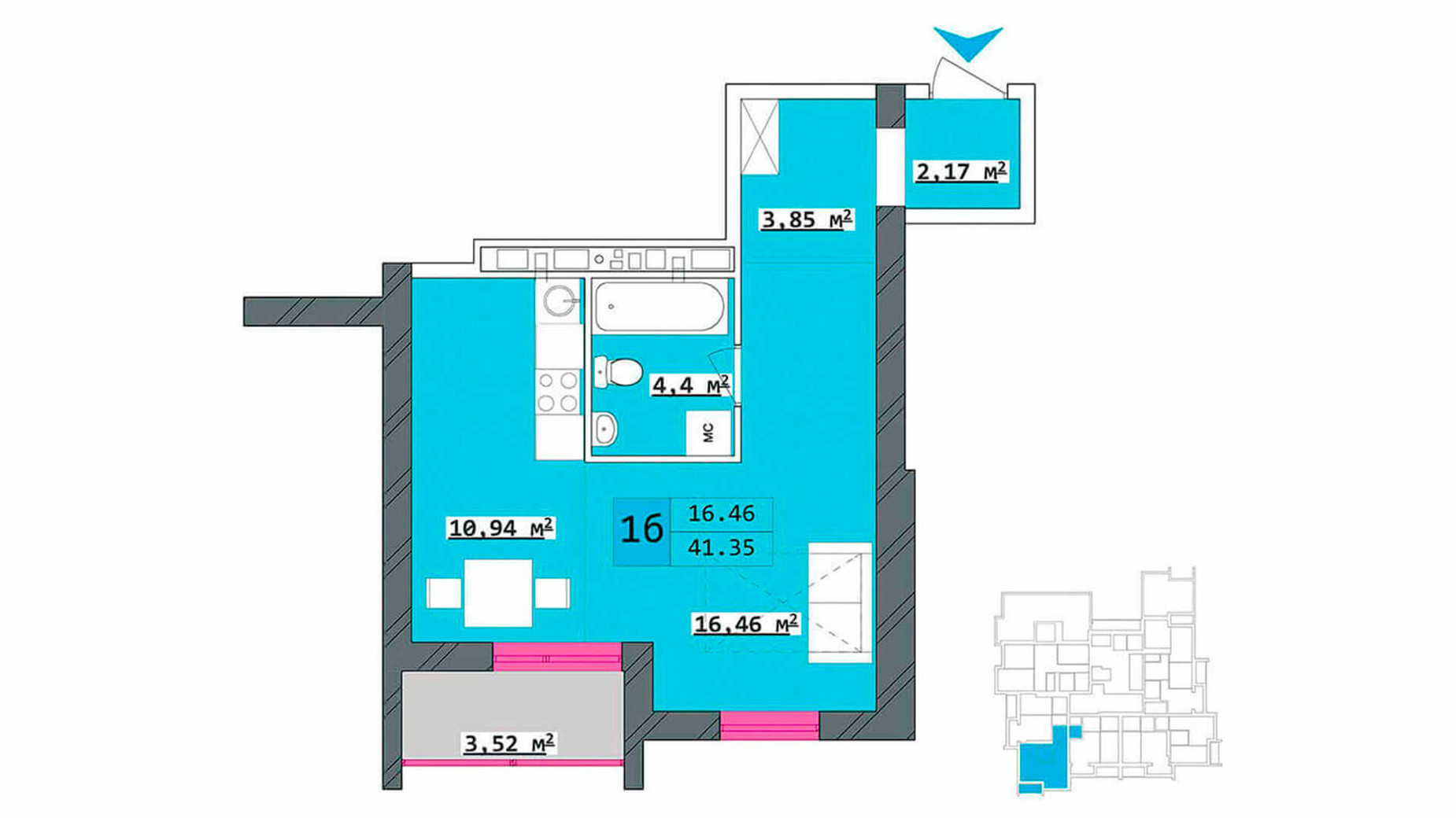 Планування 1-кімнатної квартири в ЖК Столичний 40.7 м², фото 203199