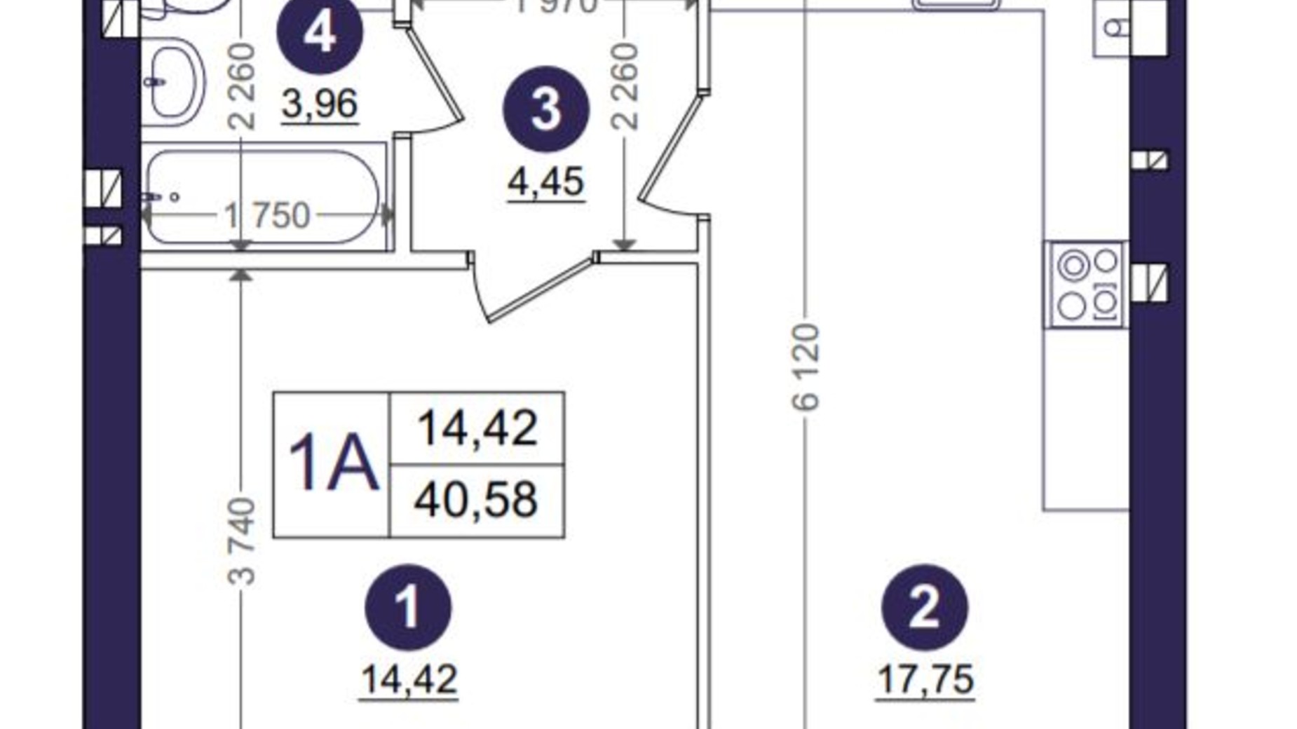 Планування 1-кімнатної квартири в ЖК Емоція 40.58 м², фото 203354