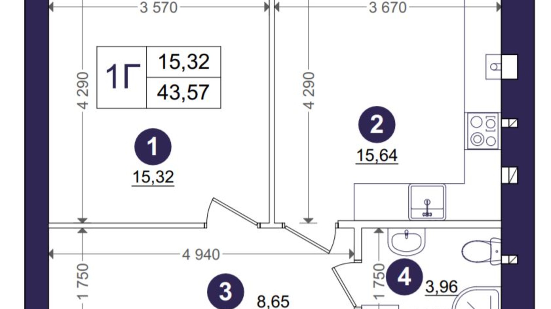 Планировка 1-комнатной квартиры в ЖК Эмоция 43.57 м², фото 203366