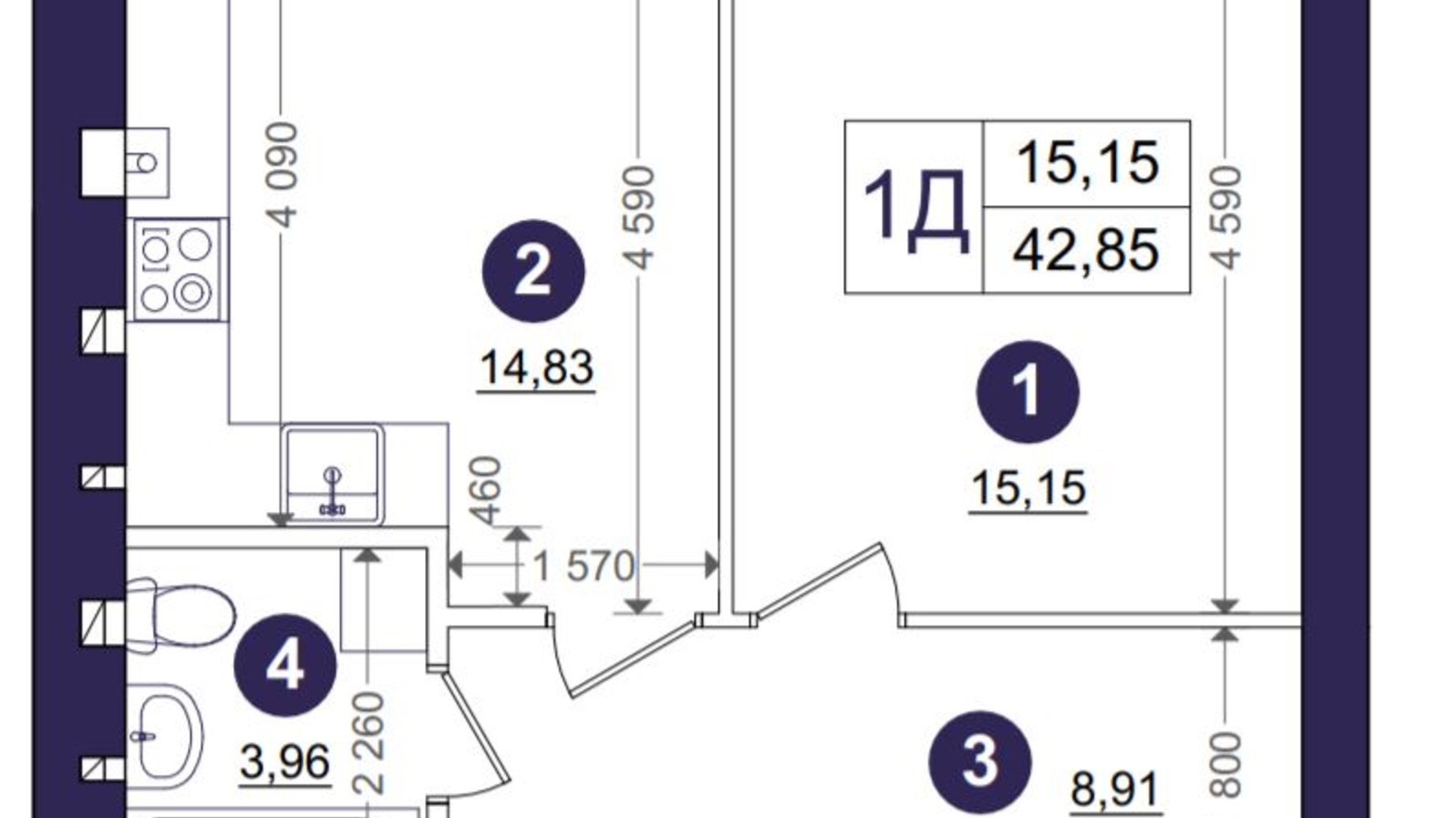 Планування 1-кімнатної квартири в ЖК Емоція 42.85 м², фото 203372