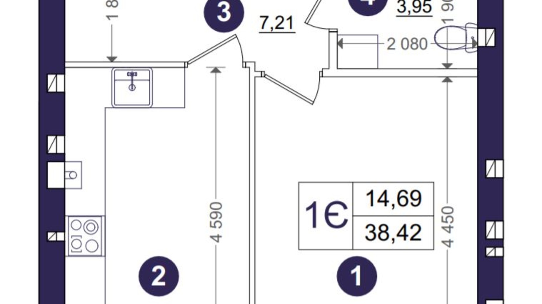 Планування 1-кімнатної квартири в ЖК Емоція 38.42 м², фото 203380