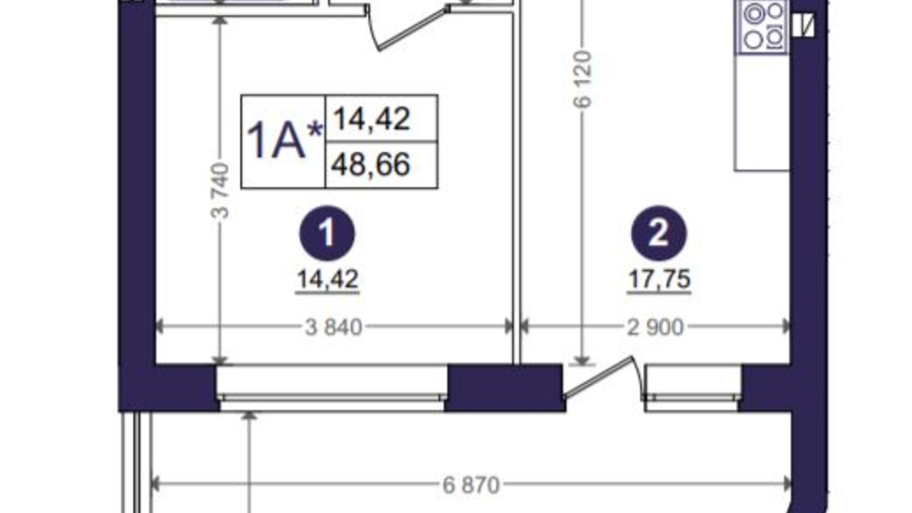 Планування 1-кімнатної квартири в ЖК Емоція 48.66 м², фото 203403