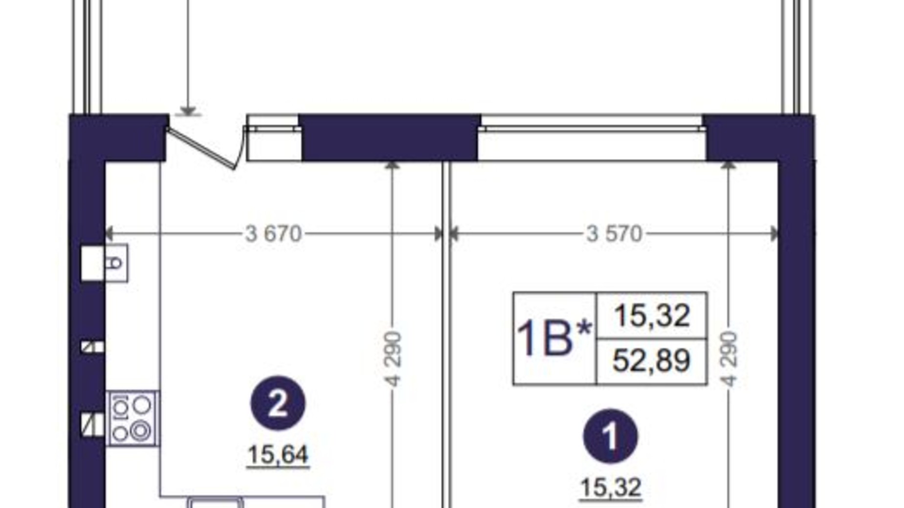 Планировка 1-комнатной квартиры в ЖК Эмоция 52.89 м², фото 203414