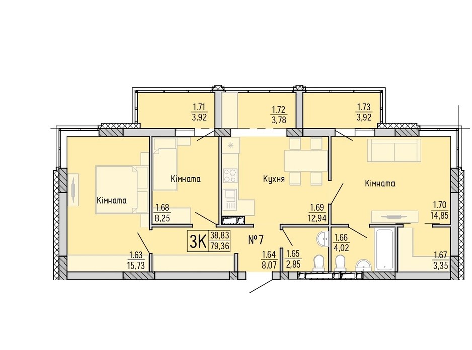 Планування 3-кімнатної квартири в ЖК Акварель 4 79.36 м², фото 203447 Планування 3-кімнатної квартири в ЖК Акварель 4 79.36 м², фото 203447