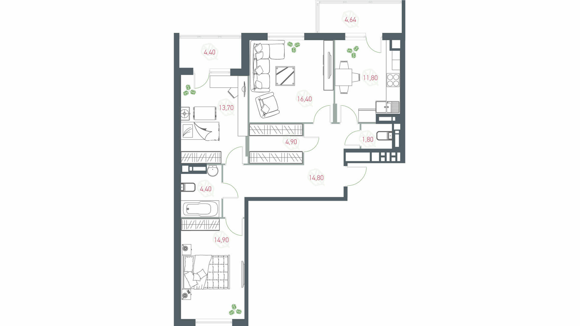 Планировка 3-комнатной квартиры в ЖК Озерный гай Гатное 91.74 м², фото 203518