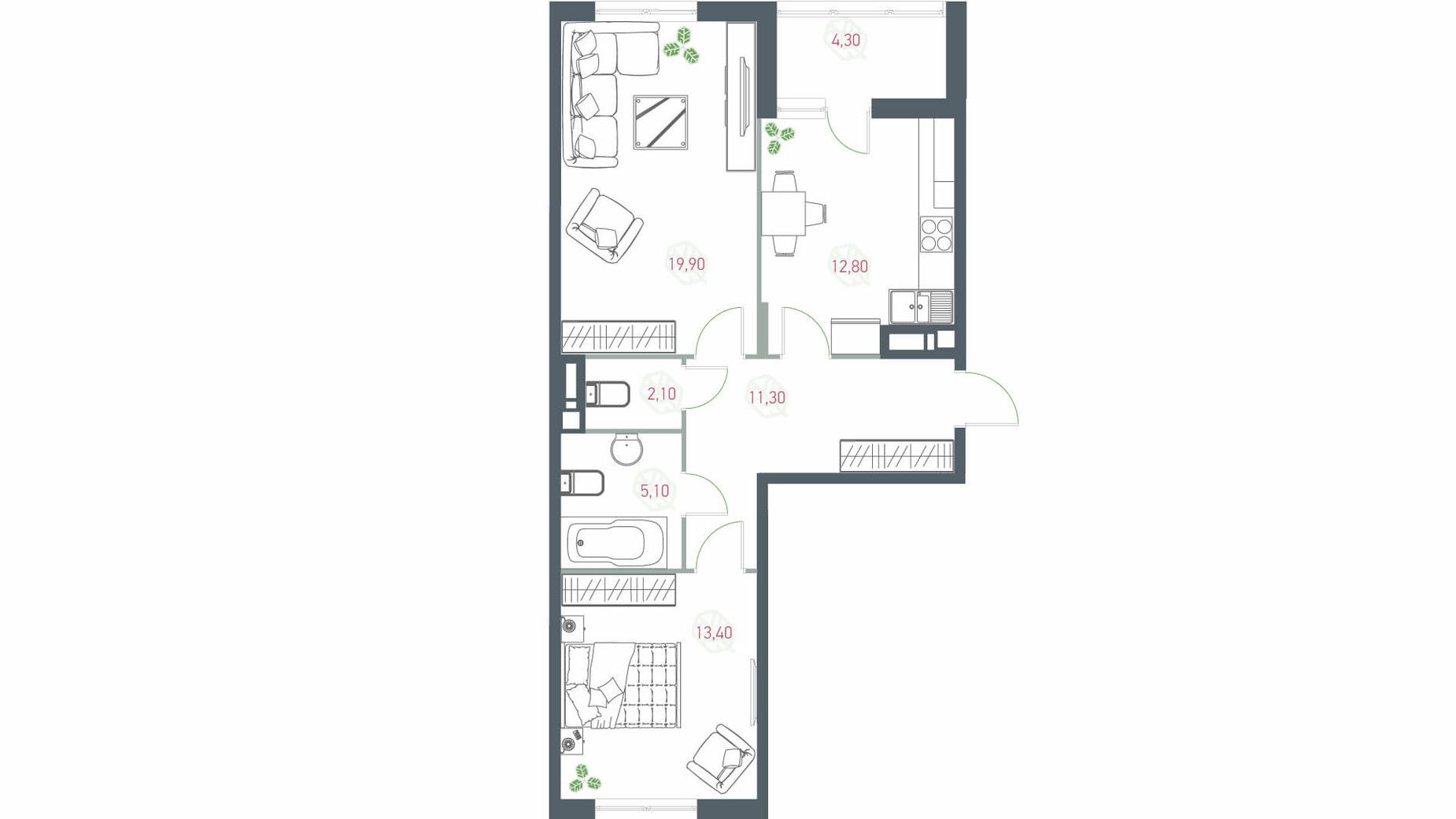 Планування 2-кімнатної квартири в ЖК Озерний гай Гатне 68.9 м², фото 203528