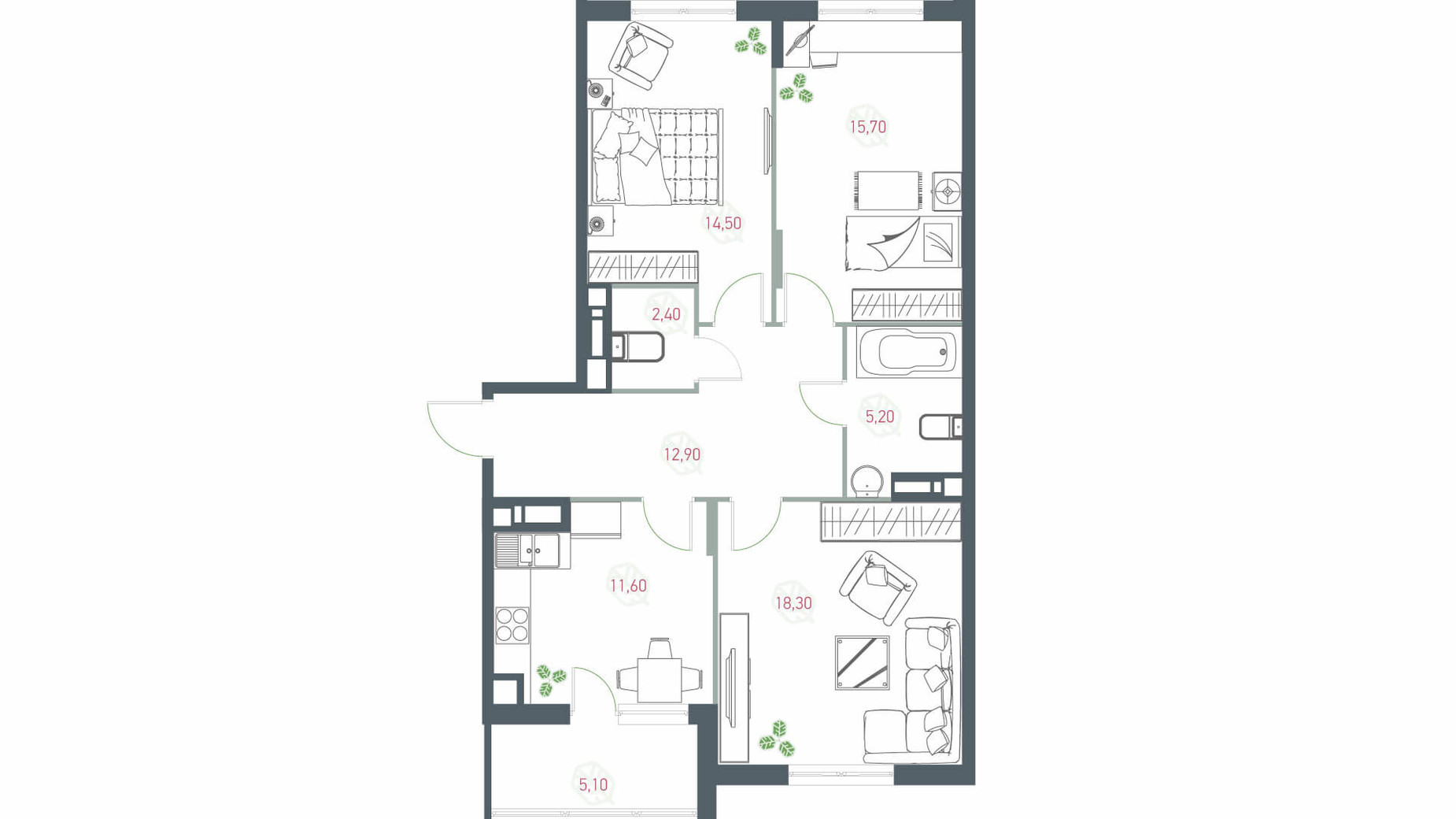 Планировка 3-комнатной квартиры в ЖК Озерный гай Гатное 85.7 м², фото 203529