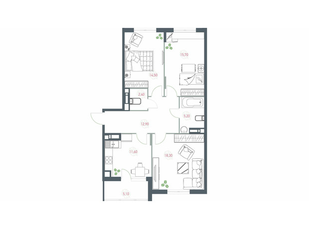 ЖК Озерный гай Гатное: планировка 3-комнатной квартиры 85.7 м²