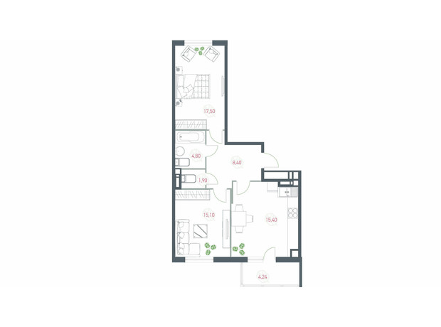 ЖК Озерный гай Гатное: планировка 2-комнатной квартиры 67.34 м²