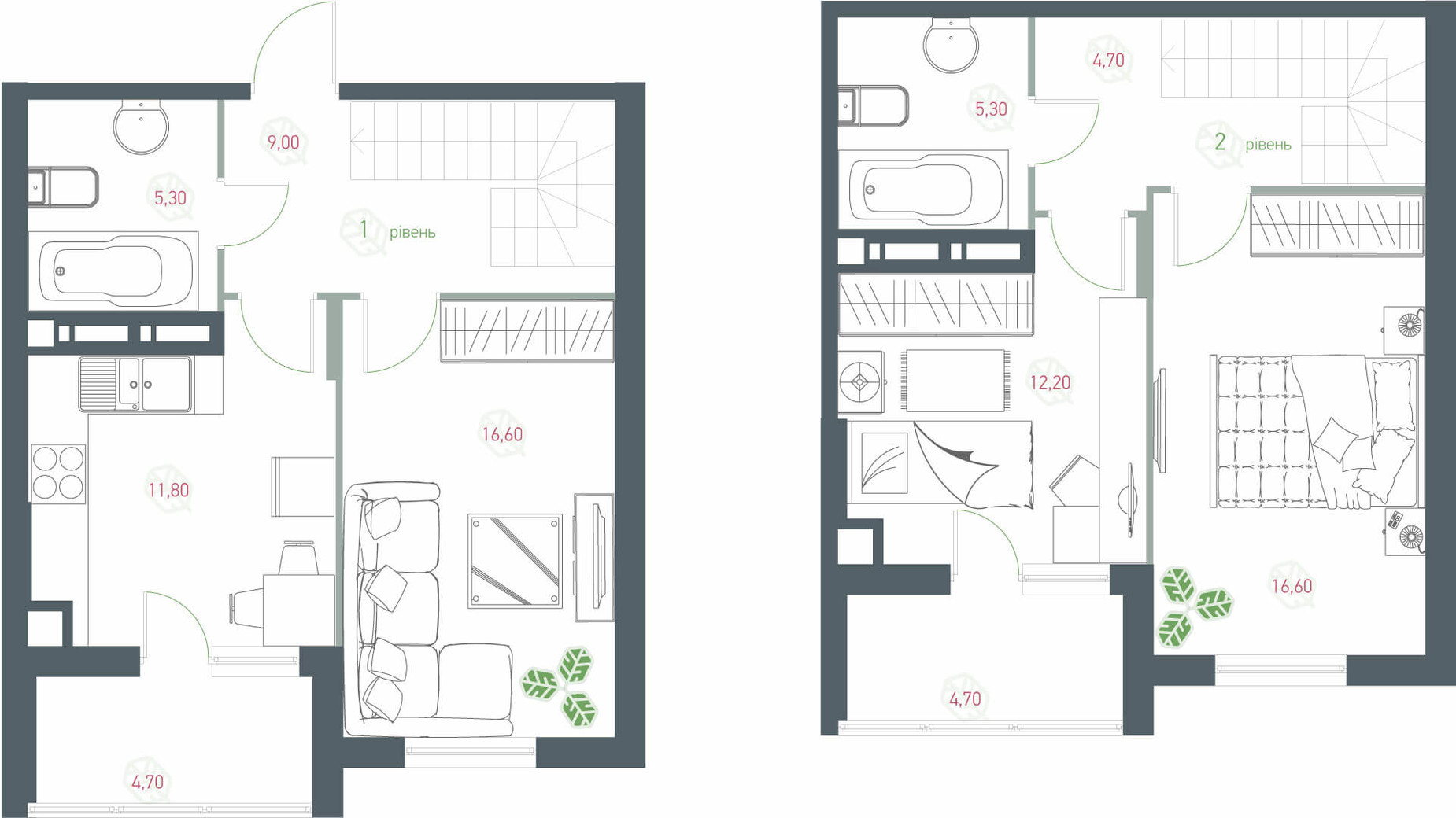 Планировка много­уровневой квартиры в ЖК Озерный гай Гатное 90.9 м², фото 203536