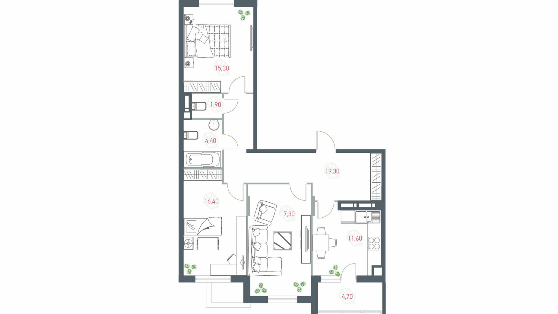 Планування 3-кімнатної квартири в ЖК Озерний гай Гатне 91.3 м², фото 203549