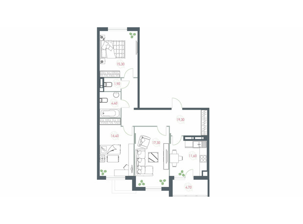 ЖК Озерный гай Гатное: планировка 3-комнатной квартиры 91.3 м²