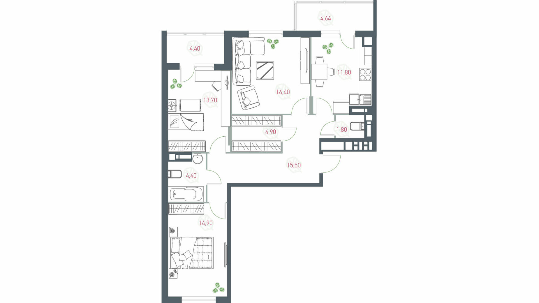 Планування 3-кімнатної квартири в ЖК Озерний гай Гатне 92.44 м², фото 203554